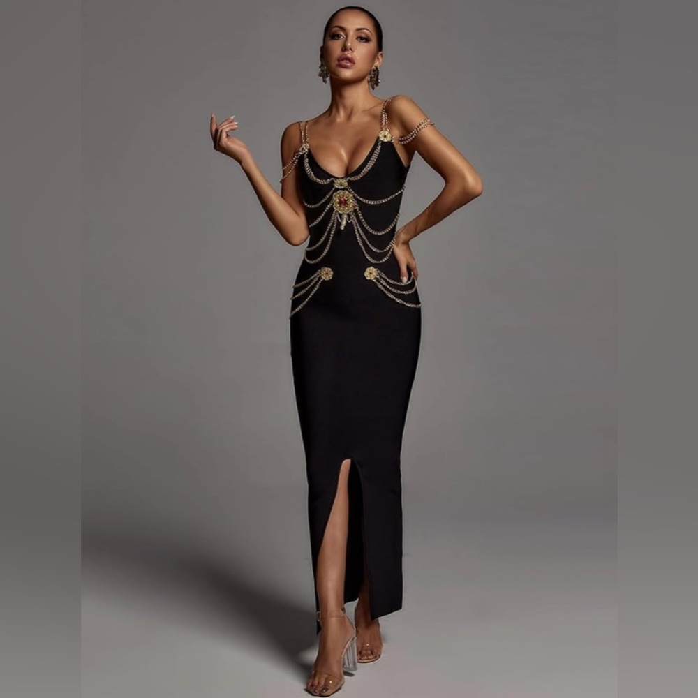 Bella Barnett black maxi bodycon dress with gold chains & embellishments